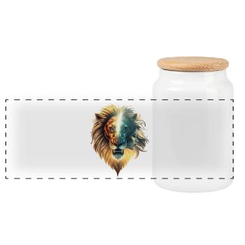 Duality of Strength, the Lion and the Woman - Panoramic Cookie Jar with Wooden Lid - white - Front