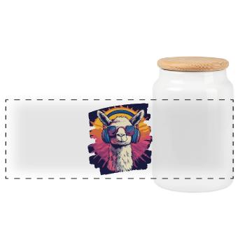 Llama Headphones - Panoramic Cookie Jar with Wooden Lid - white - Front