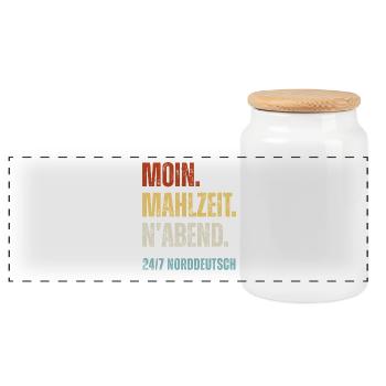 Norddeutsch Moin Mahlzeit N'Abend Lustiger Spruch - Panorama Keksdose mit Holzdeckel - Weiß - Vorne