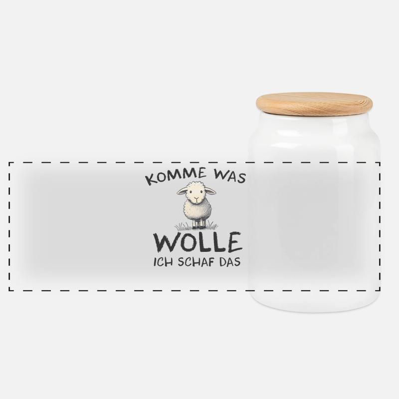 Komme was wolle ich Schaf das Schaf Wolle - Panorama Keksdose mit Holzdeckel - Weiß