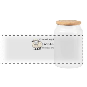 Komme was wolle ich Schaf das Schaf Wolle - Panorama Keksdose mit Holzdeckel - Weiß - Vorne