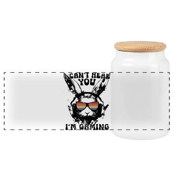 I Can't Hear You I'm Gaming Bunny Gamer Gift - Panoramic Cookie Jar with Wooden Lid - white - Front