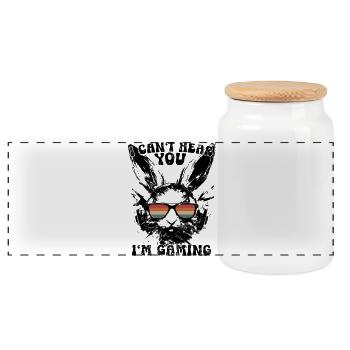 I Can't Hear You I'm Gaming Bunny Sunglasses - Panoramic Cookie Jar with Wooden Lid - white - Front
