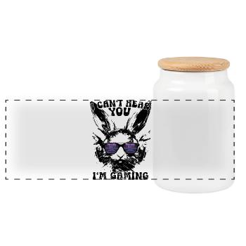 I Can't Hear You I'm Gaming Gamer Bunny Gift - Panoramic Cookie Jar with Wooden Lid - white - Front
