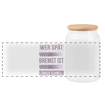 Autoliebhaber Spruch Bremsspur Humor - Panorama Keksdose mit Holzdeckel - Weiß - Vorne