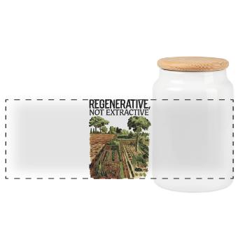 Regenerative, Not Extractive - Sustainable Farming - Panoramic Cookie Jar with Wooden Lid - white - Front