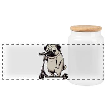 Drôle Pug Scooter Trottinette Kickroller - Boîte à biscuits avec couvercle en bois - blanc - Devant
