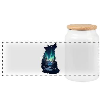 Wolf Night Northern Lights Silhouette - Panoramic Cookie Jar with Wooden Lid - white - Front