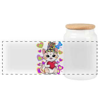 Cat Birthday Kids Child Heart Hearts Baby - Panoramic Cookie Jar with Wooden Lid - white - Front