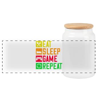 Kultiges Gaming-Motiv "Eat Sleep Game Repeat" - Panorama Keksdose mit Holzdeckel - Weiß - Vorne