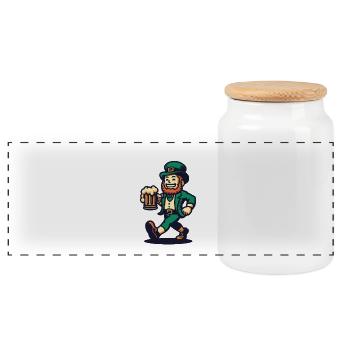 St. Patrick's Day Leprechaun with Beer Mug - Panoramic Cookie Jar with Wooden Lid - white - Front