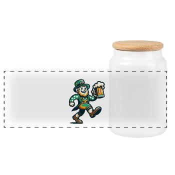 Cheerful leprechaun with beer mug for St. - Panoramic Cookie Jar with Wooden Lid - white - Front