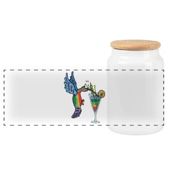 Hummingbird and cocktail - Panoramic Cookie Jar with Wooden Lid - white - Front