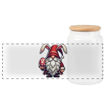 Easter Gnome with Egg and Bunny Ears - Panoramic Cookie Jar with Wooden Lid - white - Front