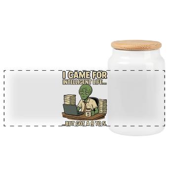 Alien Extra-Terrestrial with Humor - Beam me up - Panoramic Cookie Jar with Wooden Lid - white - Front
