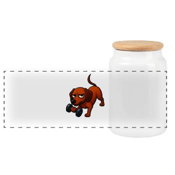 Energetischer Dackel mit Hantel Comic Motivation - Panorama Keksdose mit Holzdeckel - Weiß - Vorne
