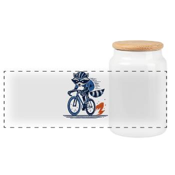 Raccoon on racing bike for sporty cyclists - Panoramic Cookie Jar with Wooden Lid - white - Front