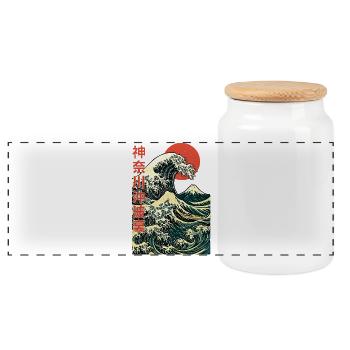 The Great Wave off Kanagawa - Hokusai Art - Panoramic Cookie Jar with Wooden Lid - white - Front