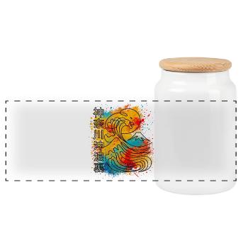 Big Wave Kanagawa One Line Minimalist - Panoramic Cookie Jar with Wooden Lid - white - Front