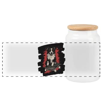 Boarder Collie chien sur planche à roulettes - Boîte à biscuits avec couvercle en bois - blanc - Devant