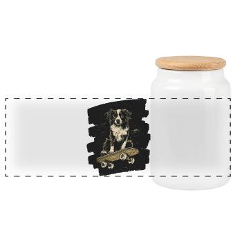 Boarder Collie chien sur planche à roulettes - Boîte à biscuits avec couvercle en bois - blanc - Devant