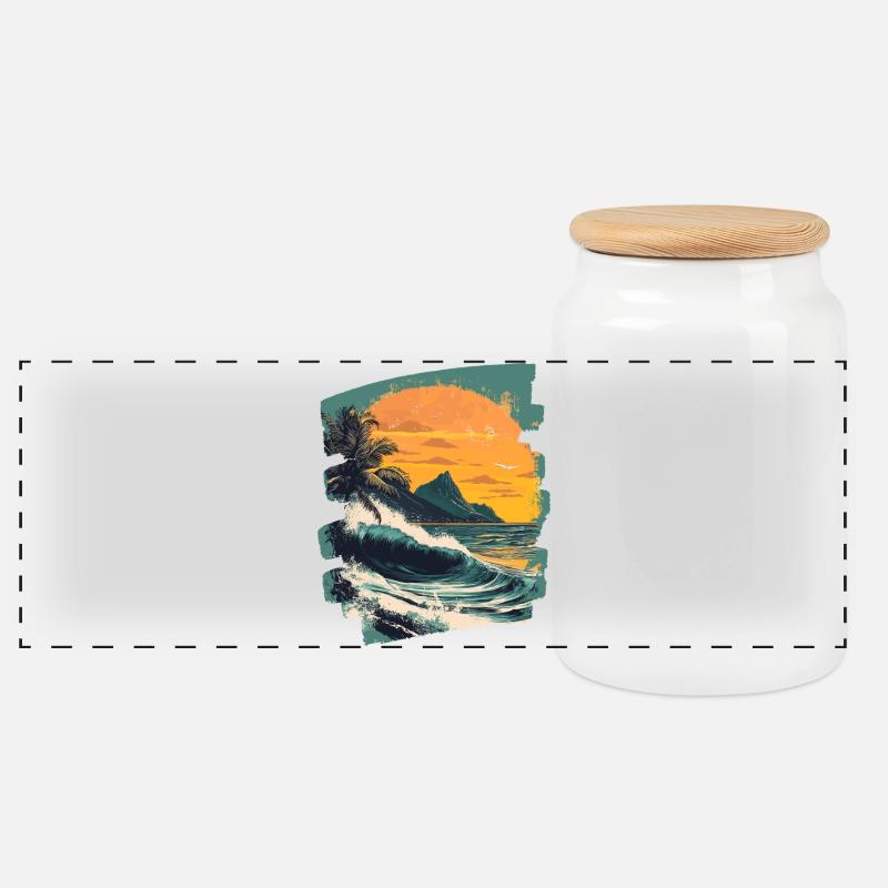 Beach Palm Trees Sunset Summer - Panoramic Cookie Jar with Wooden Lid - white