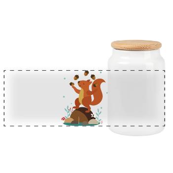 Juggling Squirrel – Funny Forest Scene - Panoramic Cookie Jar with Wooden Lid - white - Front