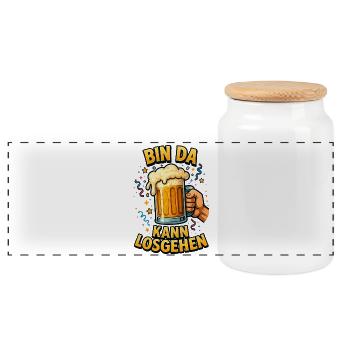 Bin da kann losgehen – Bierparty Shirt - Panorama Keksdose mit Holzdeckel - Weiß - Vorne
