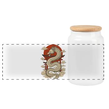 Japanese Dragon with Torii and Red Sun - Panoramic Cookie Jar with Wooden Lid - white - Front