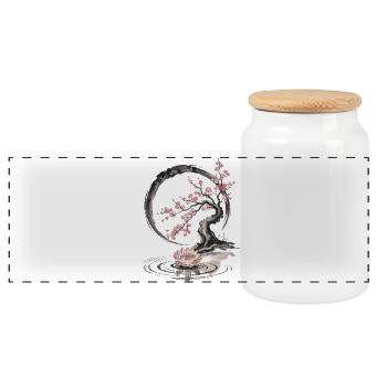Zen Bonsai with Lotus and Cherry Blossom - Panoramic Cookie Jar with Wooden Lid - white - Front
