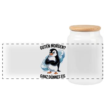 Good morning? Very thin ! Funny Penguin - Panoramic Cookie Jar with Wooden Lid - white - Front