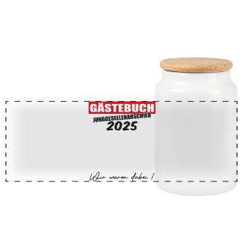 Gästebuch Junggesellenabschied 2025 - Panorama Keksdose mit Holzdeckel - Weiß - Vorne