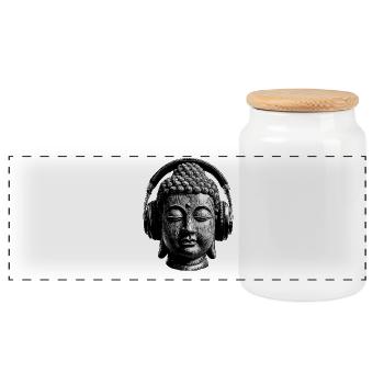 Buddha mit Kopfhörern Achtsamkeit Musik Boho Zen - Panorama Keksdose mit Holzdeckel - Weiß - Vorne