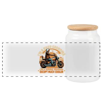 Oma Biker Ride Neuheit Design - Panorama Keksdose mit Holzdeckel - Weiß - Vorne
