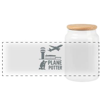 Plane – Aircraft Spotter Design - Panoramic Cookie Jar with Wooden Lid - white - Front