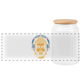 Buddha mit Kopfhörern Achtsamkeit Musik Boho Zen - Panorama Keksdose mit Holzdeckel - Weiß - Vorne
