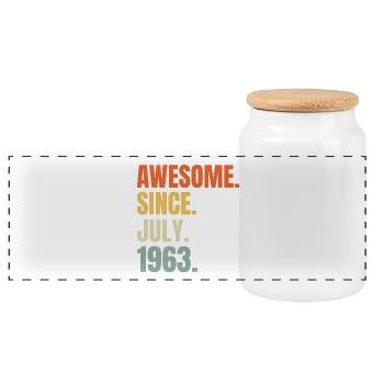 Vintage July 1963 Print Design - Panoramic Cookie Jar with Wooden Lid - white - Front