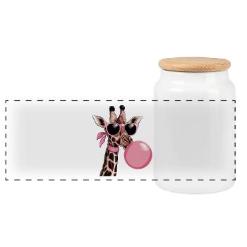 Funny Pink Giraffe with Glasses and Bubble - Panoramic Cookie Jar with Wooden Lid - white - Front