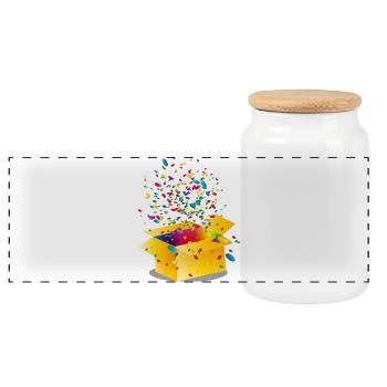 Yellow box with colorful confetti - Panoramic Cookie Jar with Wooden Lid - white - Front