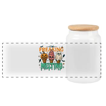 Halloween Cream Spooky Design - Panoramic Cookie Jar with Wooden Lid - white - Front