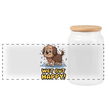 Wet but Happy Cartoon Dog Design - Panoramic Cookie Jar with Wooden Lid - white - Front
