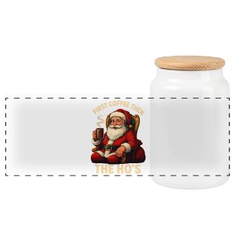 Santa Claus with Coffee and Festive Quote - Panoramic Cookie Jar with Wooden Lid - white - Front