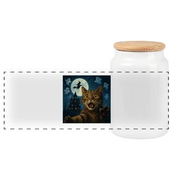 Selfie de chat d'Halloween avec une maison effrayante - Boîte à biscuits avec couvercle en bois - blanc - Devant