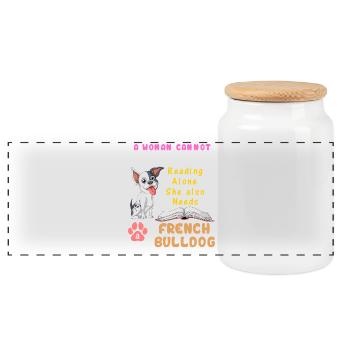 Eine Frau braucht die Französische Bulldogge – Reading & Dog Lover - Panorama Keksdose mit Holzdeckel - Weiß - Vorne