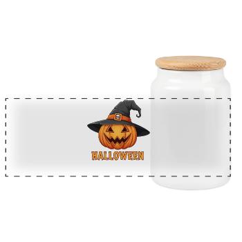Gruselige Halloween Kürbislaterne mit Hexenhut - Panorama Keksdose mit Holzdeckel - Weiß - Vorne