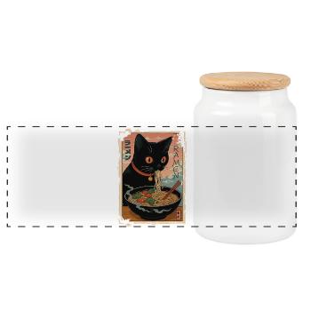 Black cat enjoying Japanese ramen - Panoramic Cookie Jar with Wooden Lid - white - Front