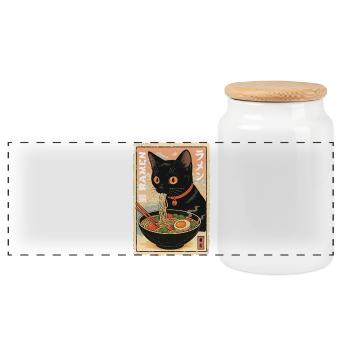 Kawaii Cat Ramen Illustration - Panoramic Cookie Jar with Wooden Lid - white - Front
