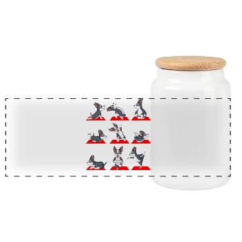 Verspielte Boston Terrier Yoga Positionen - Panorama Keksdose mit Holzdeckel - Weiß - Vorne