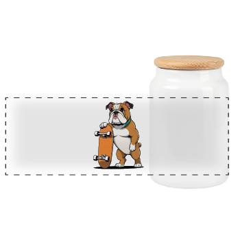 Bullenhündchen mit Skateboard - Panorama Keksdose mit Holzdeckel - Weiß - Vorne