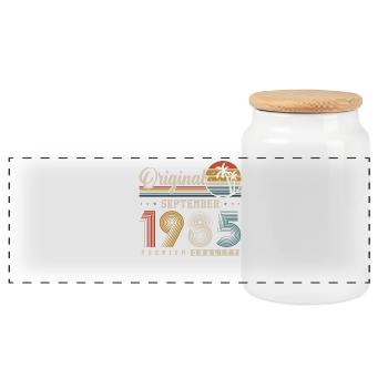 Original September 1985 Vintage Retro Birthday - Panoramic Cookie Jar with Wooden Lid - white - Front